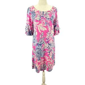 Lilly Pulitzer Dress Small Pink Blue Floral Ruffle Bell Sleeve Shift Relaxed